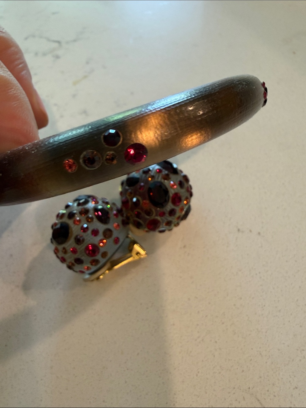 Alexis Bittar Red Rhinestone Dome Clip-On Earrings and Matching Bracelet
